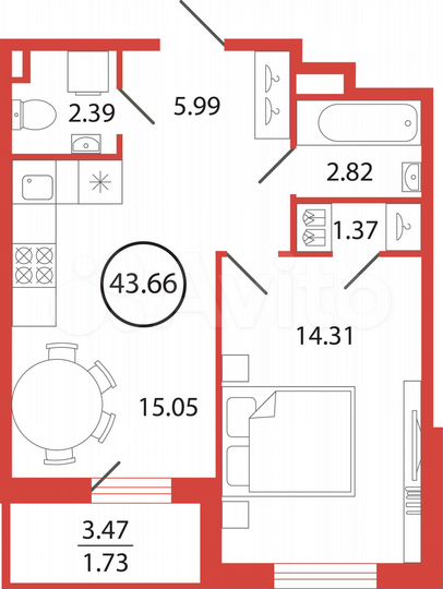 1-к. квартира, 43,7 м², 10/12 эт.