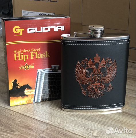 Фляга 18oz 532мл кожа герб России