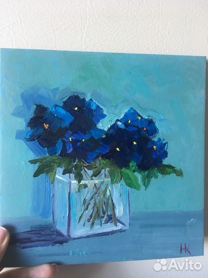 Картина маслом весна/ синие цветы