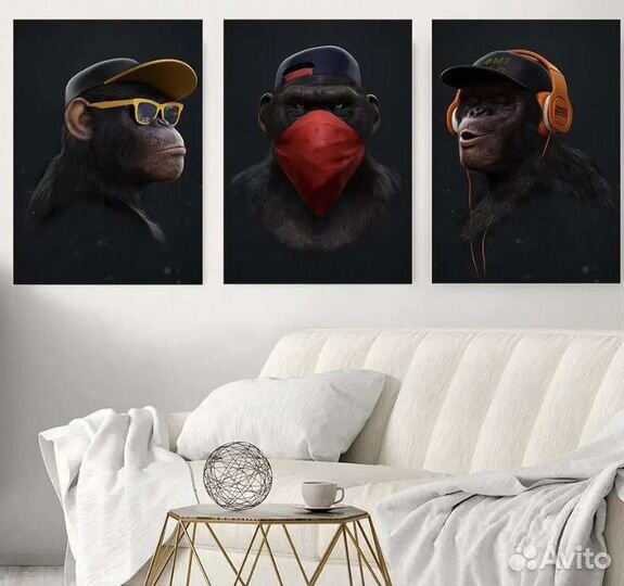 Картины на холсте 3 обезьяны в интерьер