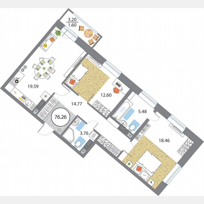 2-к. квартира, 76,3 м², 5/12 эт.