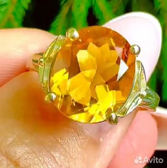 Кольцо с природным цитрином серебро с позолотой