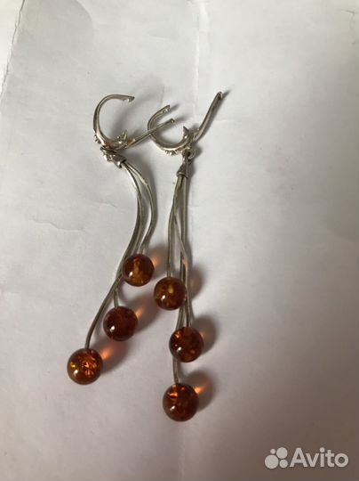 Серьги серебро, янтарь
