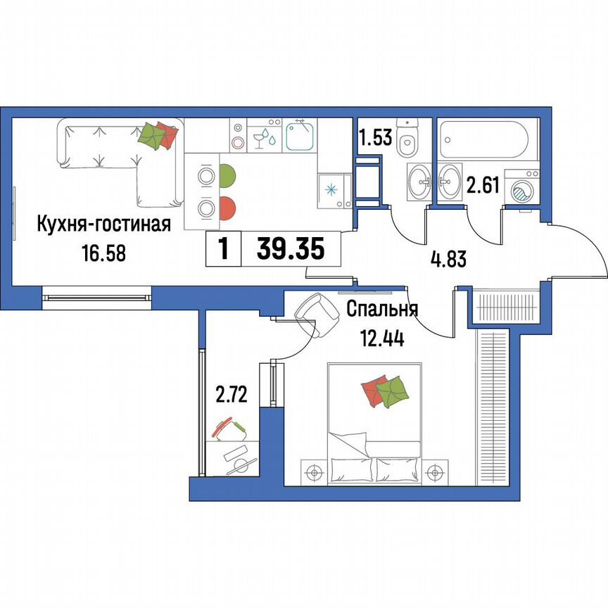 1-к. квартира, 39,4 м², 13/16 эт.