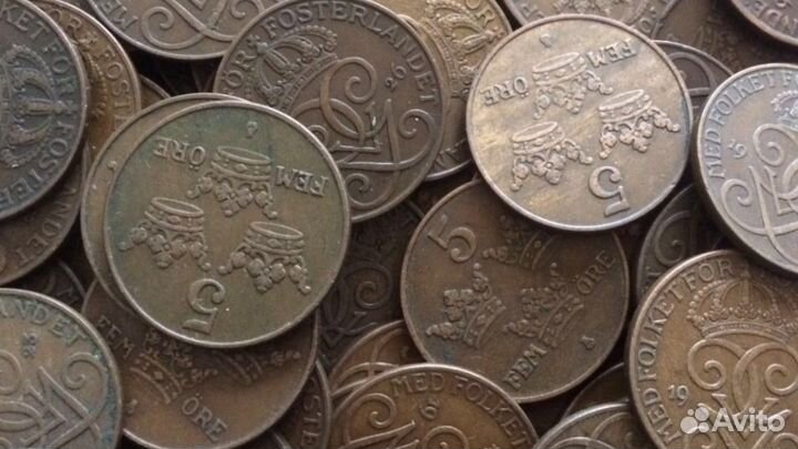 Монеты Швеции 5 эре 1909-1950 и 50 эре 1920-1947