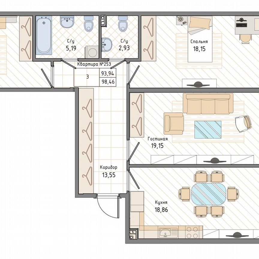 3-к. квартира, 98,5 м², 1/9 эт.