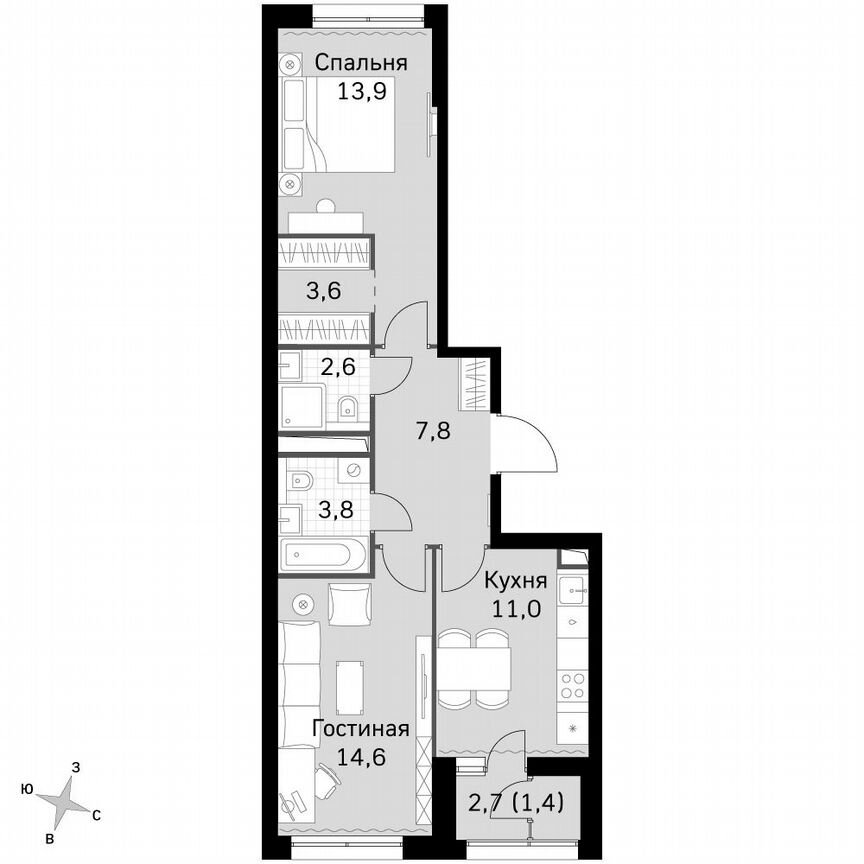 2-к. квартира, 58,6 м², 2/46 эт.