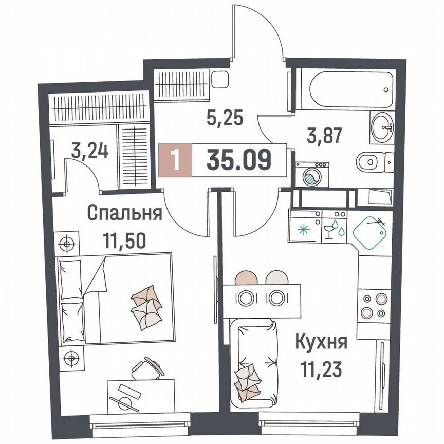 1-к. квартира, 35,1 м², 5/18 эт.