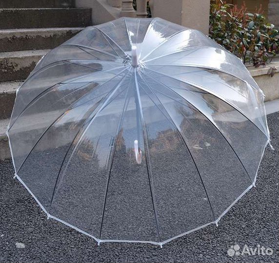 Зонт прозрачный трость с бесцветным кантом 16 спиц