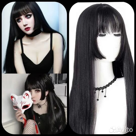 Парик черный с челкой и пробором