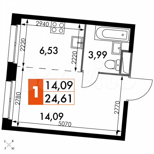 1-к. апартаменты, 24,6 м², 13/15 эт.