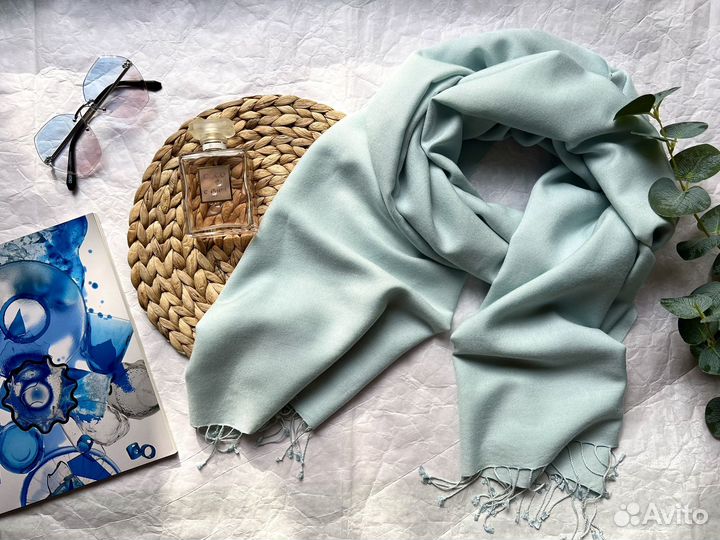Палантин кашемир шелк пашмина 70 200 голубой