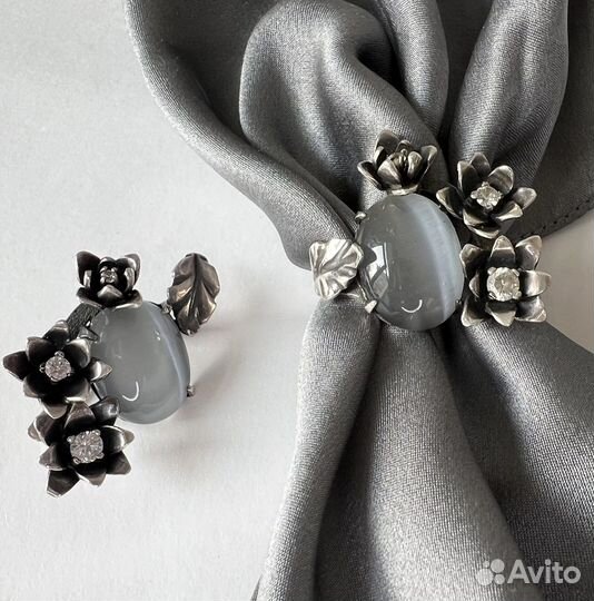 Серебряное кольцо серьги улексит кошайчий глаз