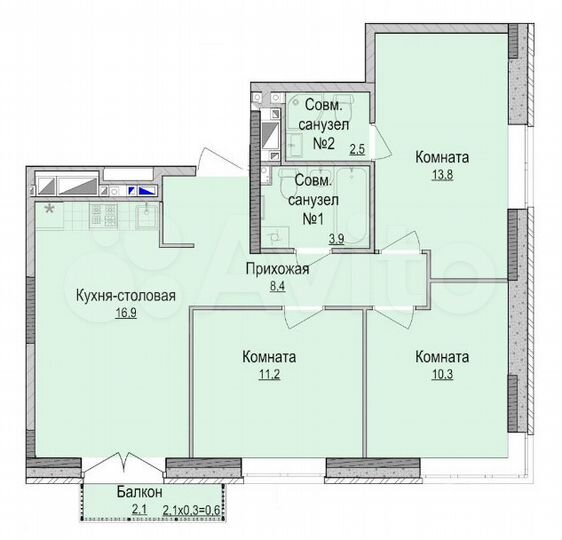 3-к. квартира, 68 м², 4/17 эт.