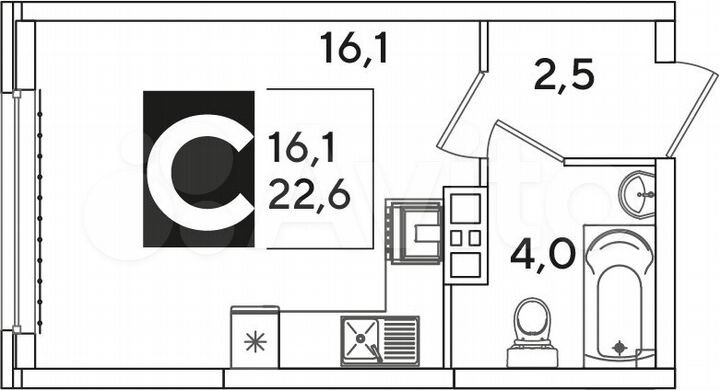 Квартира-студия, 22,6 м², 9/16 эт.