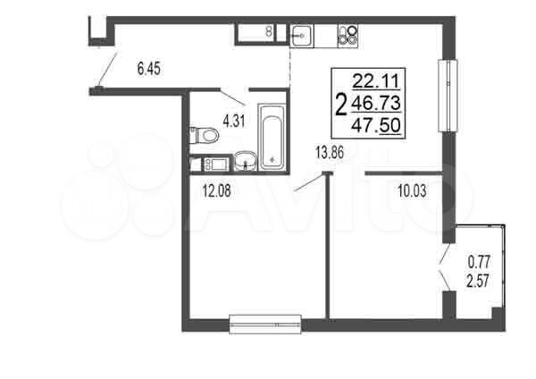 2-к. квартира, 46,7 м², 13/17 эт.