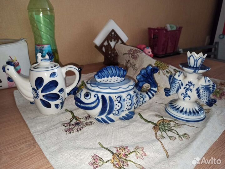 Сахарница, подсвечник гжель