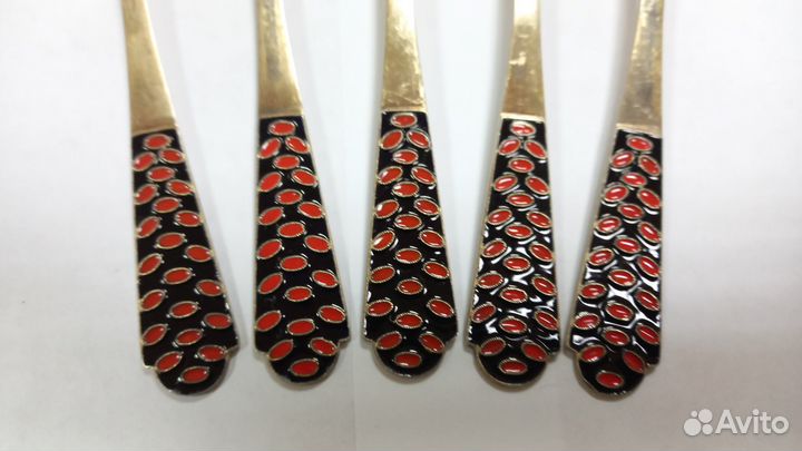 Набор серебряных ложек, эмаль. позолота