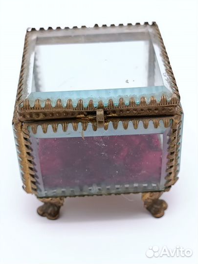 Старая шкатулка латунь стекло бархат
