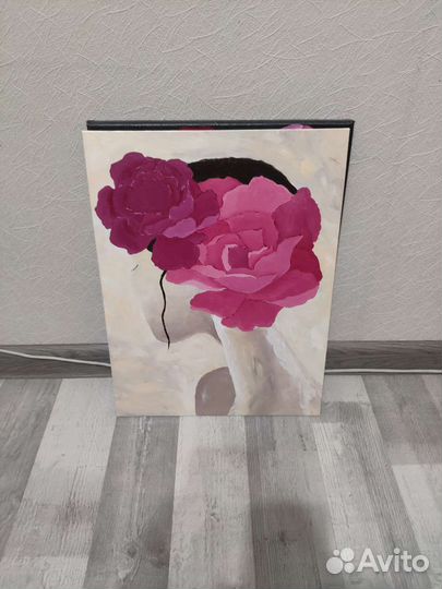 Интерьерная картина девушка с цветами 30х40 акрил