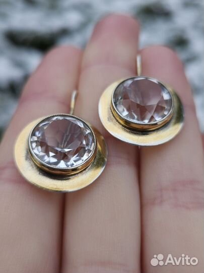 Серьги, брошь, СССР, серебро 875, горный хрусталь