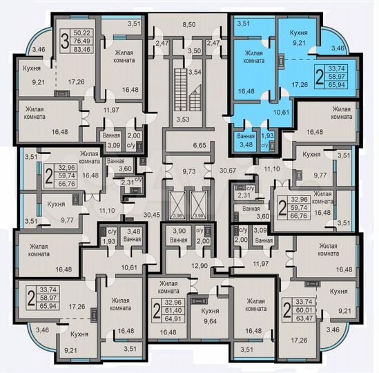 2-к. квартира, 65,9 м², 6/19 эт.