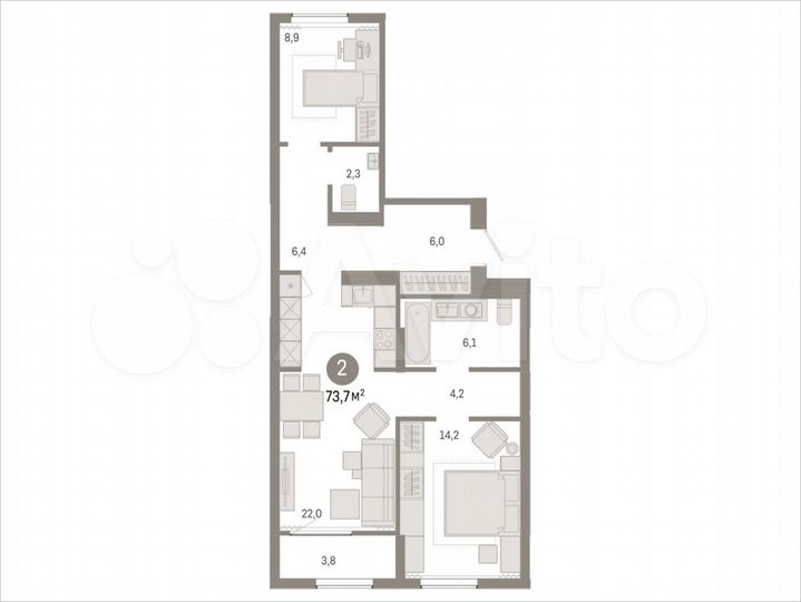 2-к. квартира, 73,7 м², 9/9 эт.