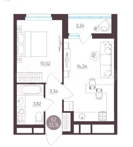 1-к. квартира, 33,8 м², 2/10 эт.