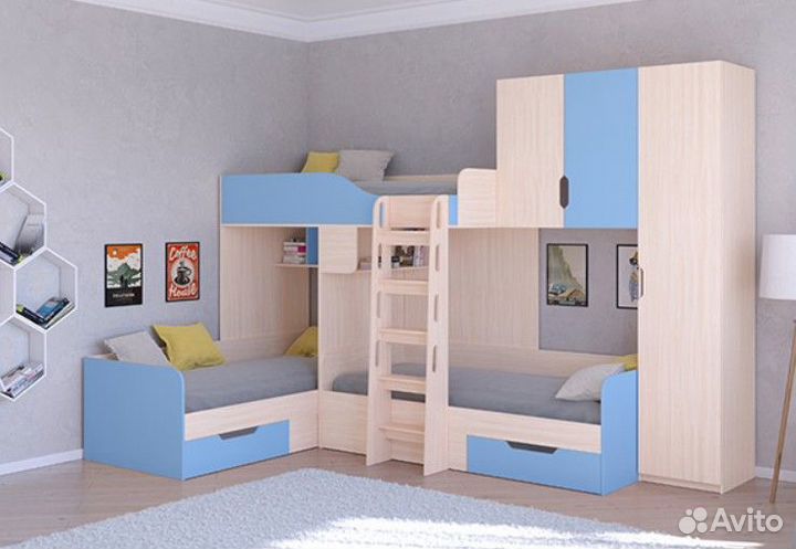 Кровать для троих детей со шкафом Дуб Молочный/Сал