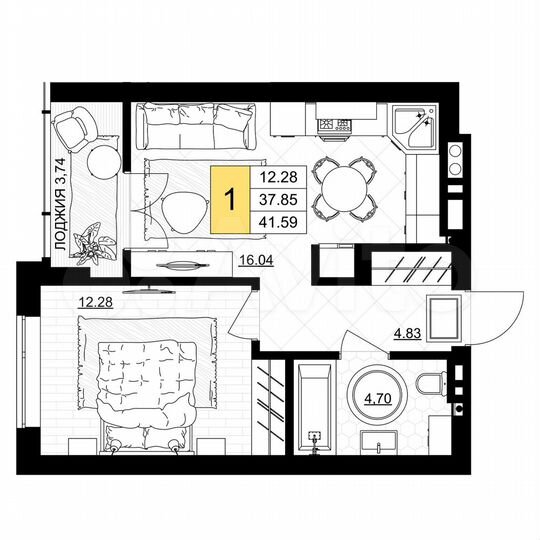 1-к. квартира, 41,6 м², 2/7 эт.