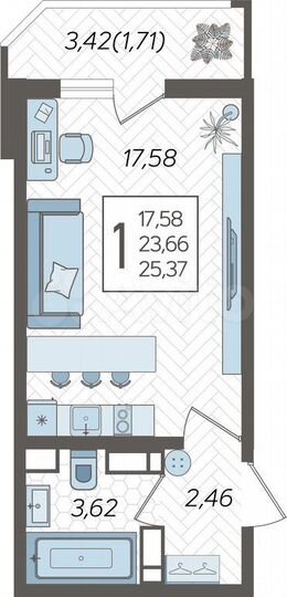 Квартира-студия, 25,4 м², 18/25 эт.