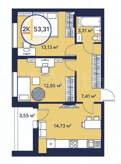 2-к. квартира, 53,5 м², 18/23 эт.