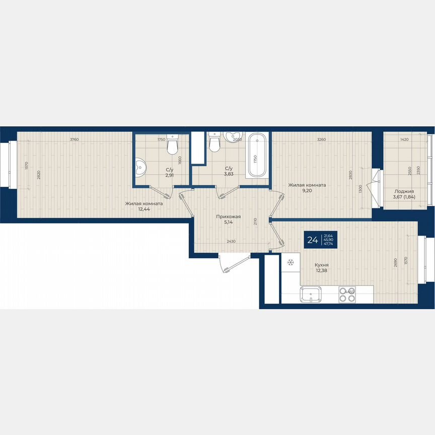2-к. квартира, 47,7 м², 7/12 эт.