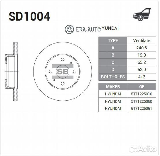 Sangsin brake SD1004 Торм.диск пер.вент.241x19 4 отв