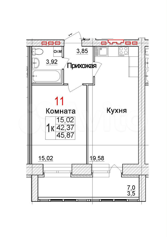 1-к. квартира, 45,9 м², 3/4 эт.