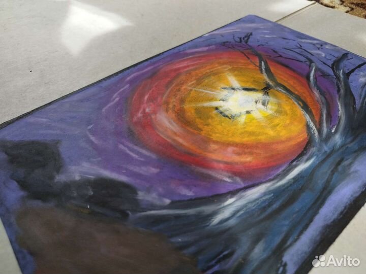 Картина масляной пастелью, фонарь ночью