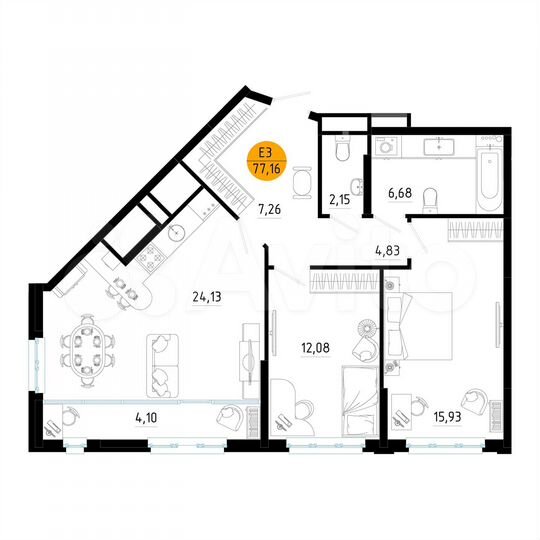 2-к. квартира, 77,2 м², 10/25 эт.