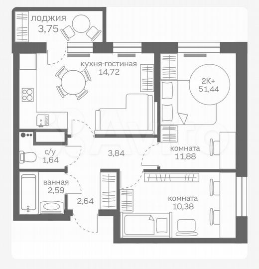 2-к. квартира, 51,4 м², 10/20 эт.