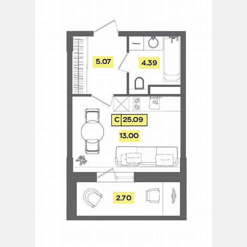 Квартира-студия, 25,1 м², 6/9 эт.