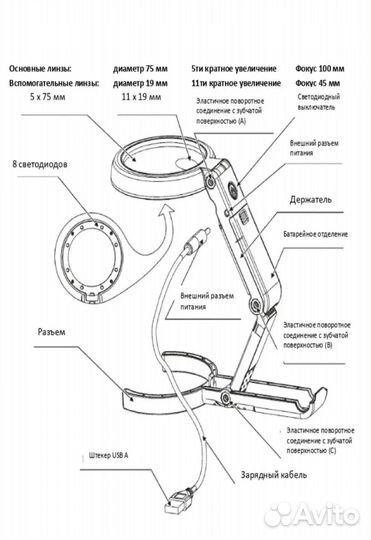 Лупа раскладная с подсветкой и подставкой 11x