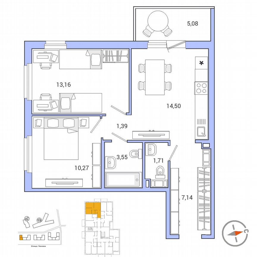 2-к. квартира, 53,3 м², 2/9 эт.