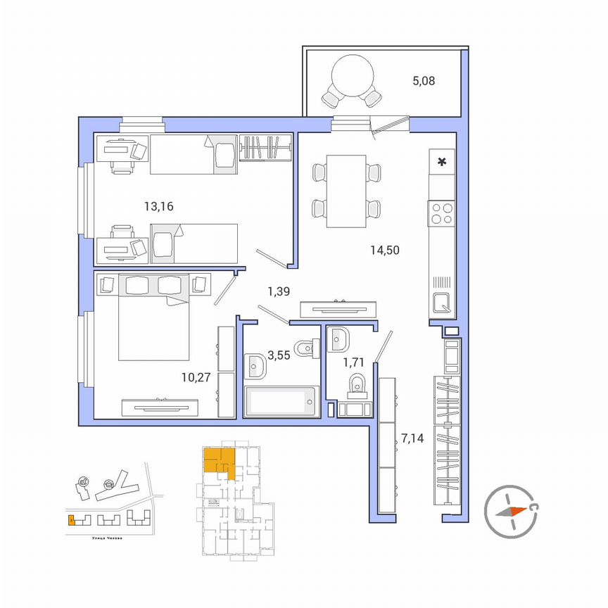 2-к. квартира, 53,3 м², 2/9 эт.