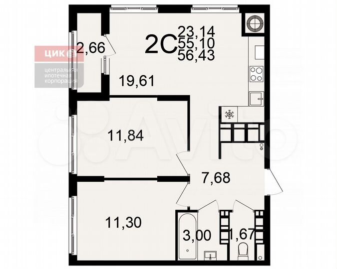 2-к. квартира, 56,4 м², 21/25 эт.