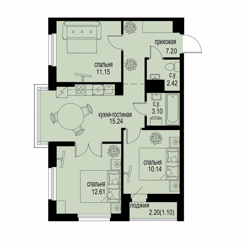 3-к. квартира, 63 м², 10/12 эт.