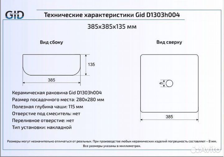 Черная накладная раковина Gid(Italy) D1303h004