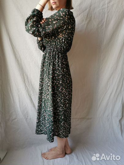 Платье женское шифоновое 42 зелёное длинный рукав