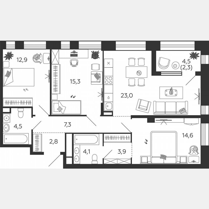 3-к. квартира, 90,7 м², 11/12 эт.