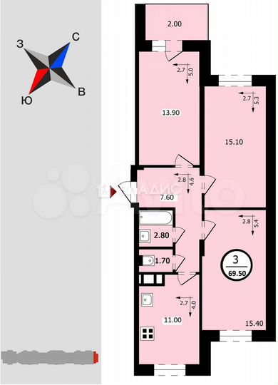 3-к. квартира, 69,5 м², 10/18 эт.