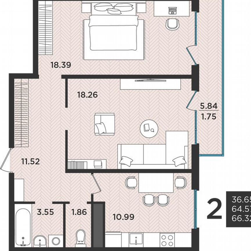 2-к. квартира, 65,8 м², 2/3 эт.