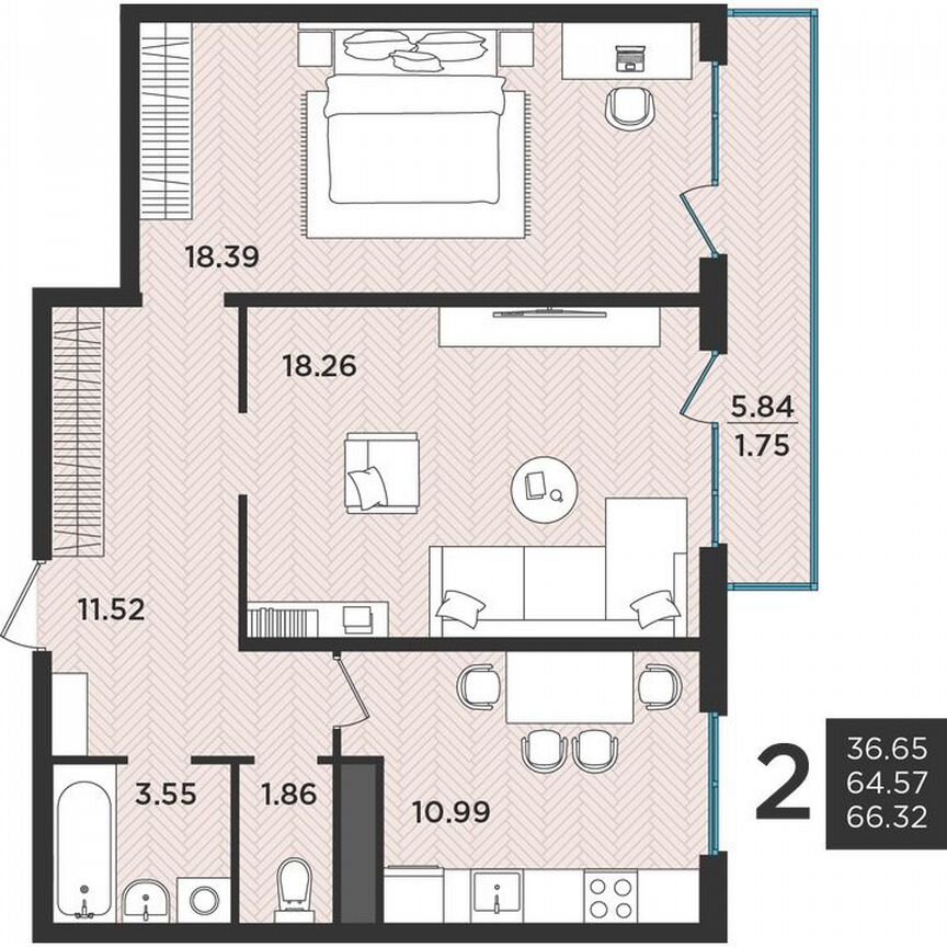 2-к. квартира, 65,8 м², 2/3 эт.